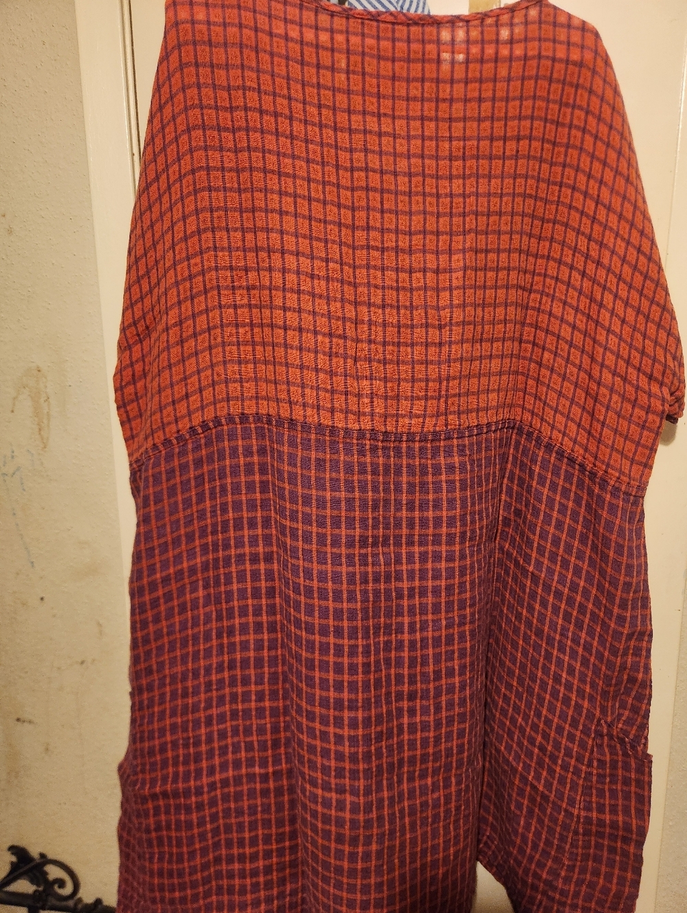Flax Two-Tone Orange and Purple Checked Pockets Linen Midi Dress Sz. 2G B:54" - Picture 2 of 14